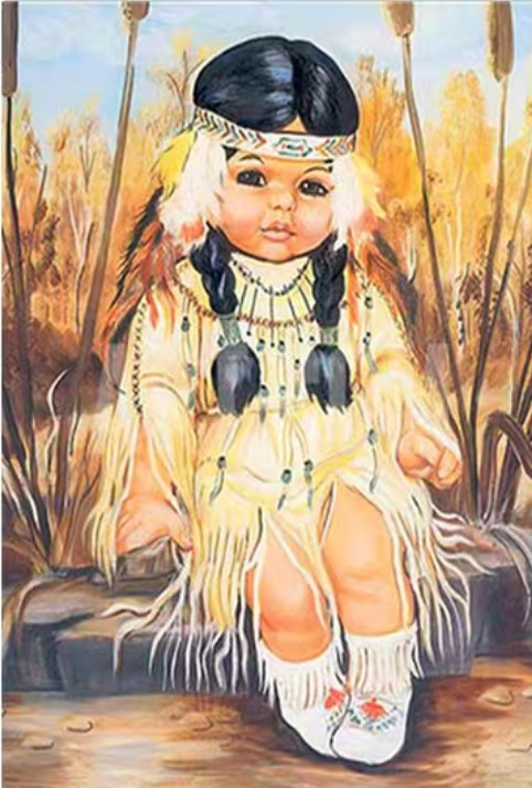 Diamond painting- Indiaanse met wolf  / geel