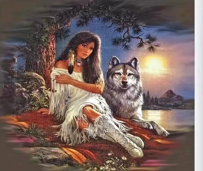 Diamond painting  - indiaanse meid met wolf