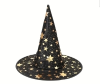 Heksenhoed zwart met goudkleurige sterren